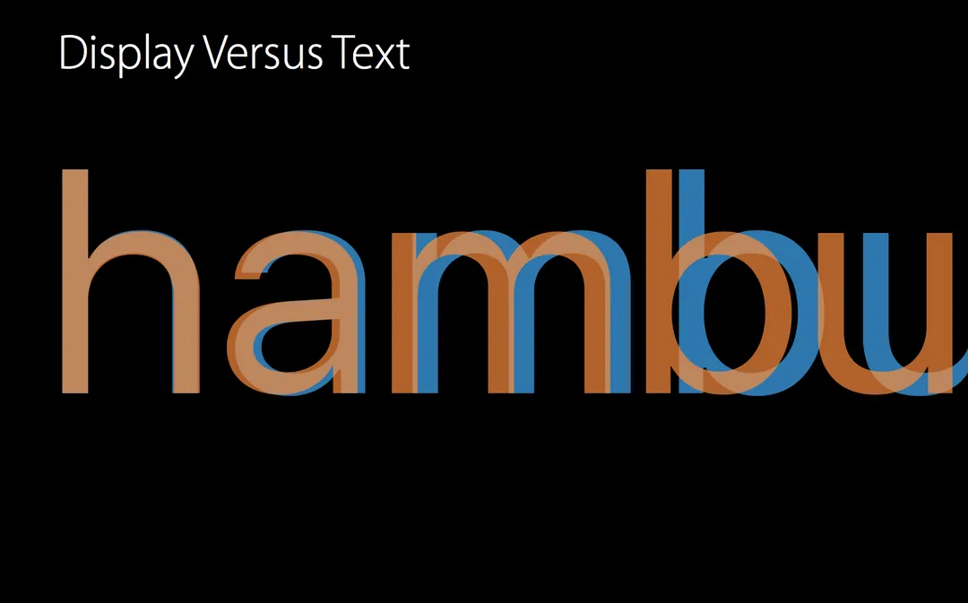 同一字号下 Display vs Text ，橘色为 Display、蓝色为 Text